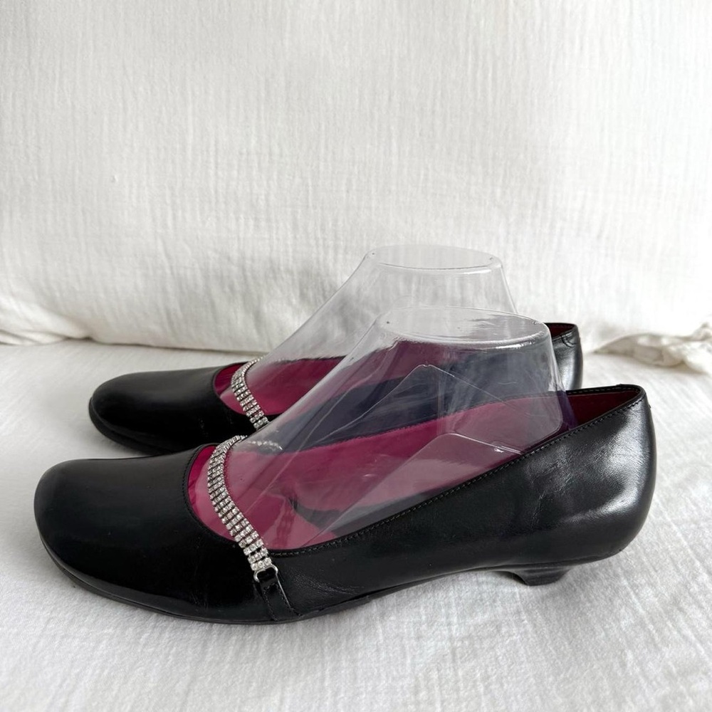 Y2K Black Leather Flats w/ Rhinestone Strap